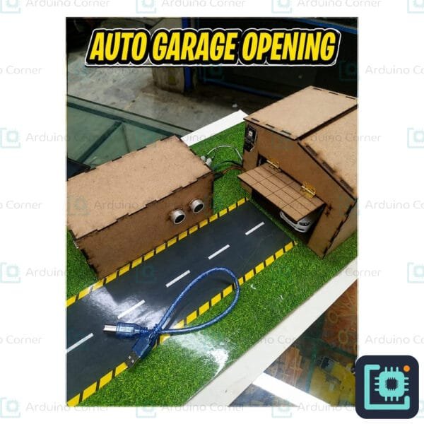 Arduino automatic garage door opening project — wooden smart garage model with road