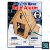 Arduino rain alarm project — wooden house model with rain sensor, buzzer, servo and LCD