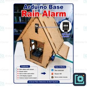 Arduino rain alarm project — wooden house model with rain sensor, buzzer, servo and LCD