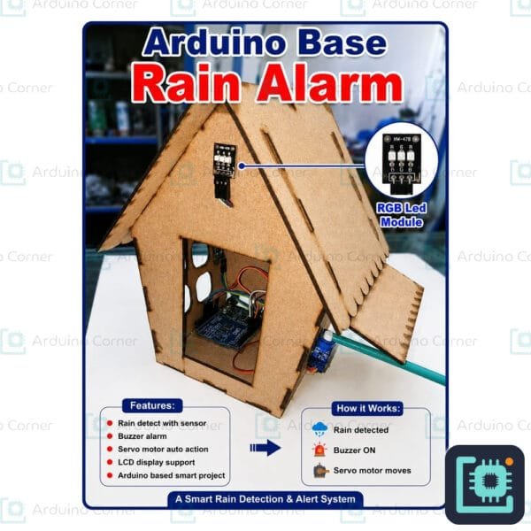 Arduino rain alarm project — wooden house model with rain sensor, buzzer, servo and LCD