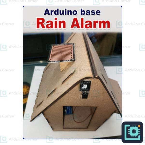 Arduino rain alarm project — wooden house model with rain sensor, buzzer, servo and LCD