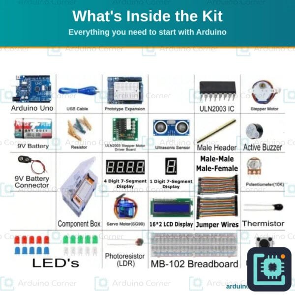 Arduino Uno starter kit with component box — 100+ parts including LCD, sensors, motors and breadboard