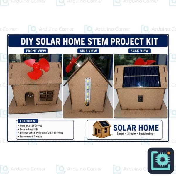 DIY solar home STEM project kit — wooden model house with solar panel, fan and LED light