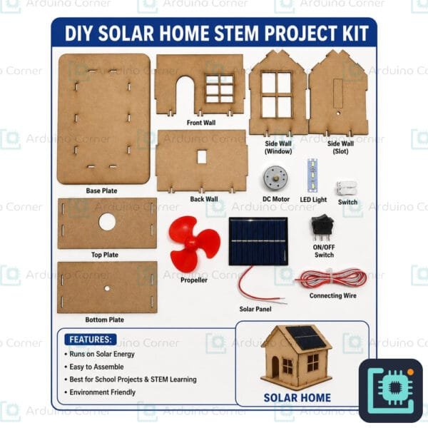 DIY solar home STEM project kit — wooden model house with solar panel, fan and LED light