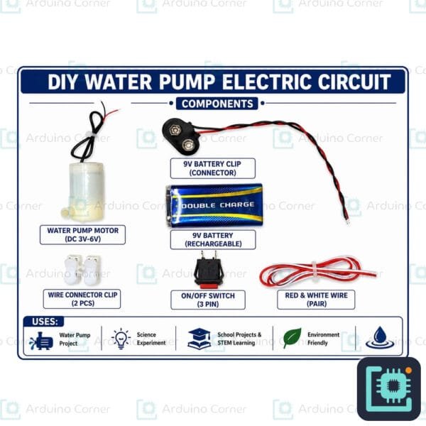DIY water pump electric circuit STEM kit — DC water pump motor, 9V battery, switch and wires