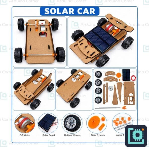 DIY solar car STEM project kit — wooden model car with solar panel and DC motor