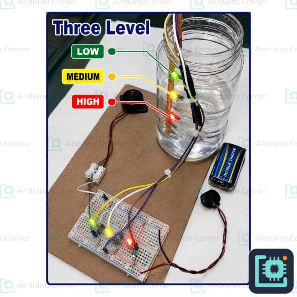 Water level indicator with alarm — three-level LED and buzzer circuit science project