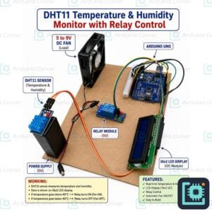 Arduino DHT11 temperature and humidity monitor with 16x2 LCD and a relay that switches a fan on when it gets hot