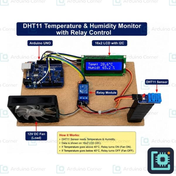 Arduino DHT11 temperature and humidity monitor with 16x2 LCD and a relay that switches a fan on when it gets hot
