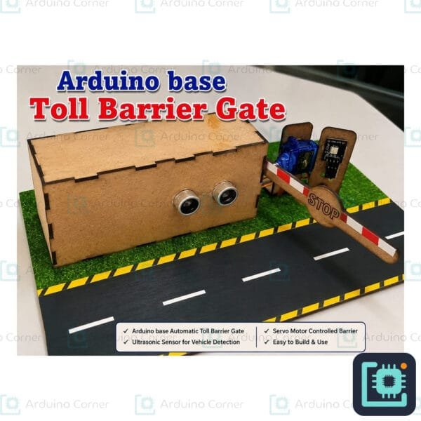 Arduino automatic toll barrier gate project — ultrasonic sensor detects a car and a servo opens the boom gate