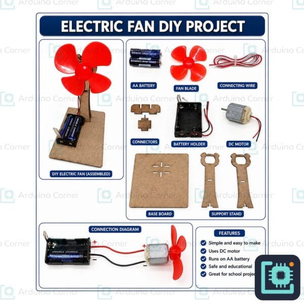 DIY electric fan STEM project kit — wooden table fan powered by a DC motor and AA batteries