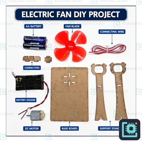 DIY electric fan STEM project kit — wooden table fan powered by a DC motor and AA batteries
